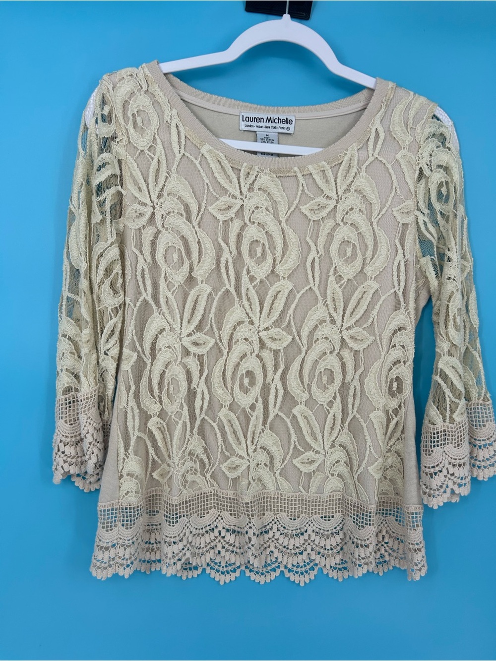 Lauren Michelle Pale Cream Lace Floral Overlay Top